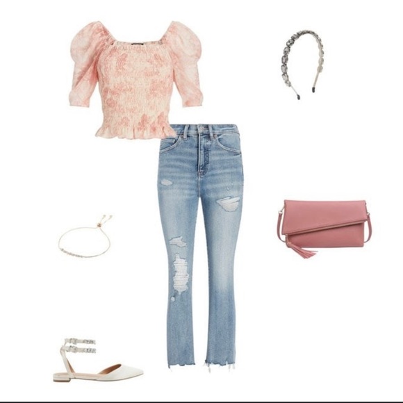 Express Abstract Puff Sleeve Smocked Top - Picture 6 of 6